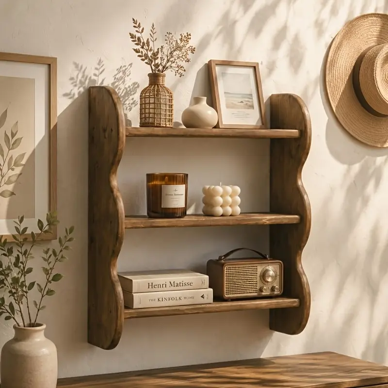 3-Tier Bohemian Solid Wood Floating Shelf - Heavy-Duty Wall-Mounted Farmhouse Home Decor Shelves with Wavy Sideboards, Wood Grain Hanging Storage Organizer for Home Office, Coffee Mugs, Perfume Bottles
