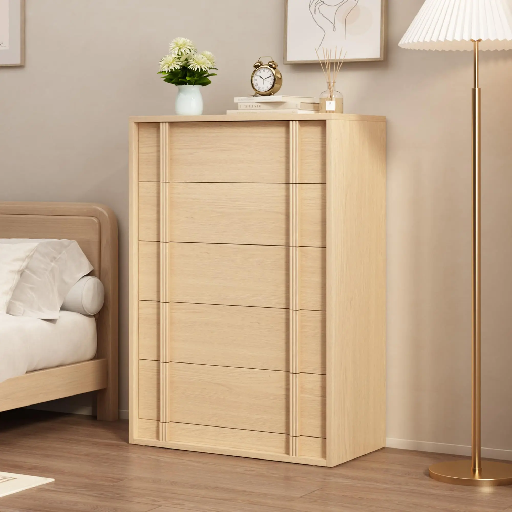5 Drawers Nightstand for Bedroom, Modern Wooden Bedside Table with Vertical Handle, Wooden Storage Cabinet Side Table for Living Room Entryway Dorm