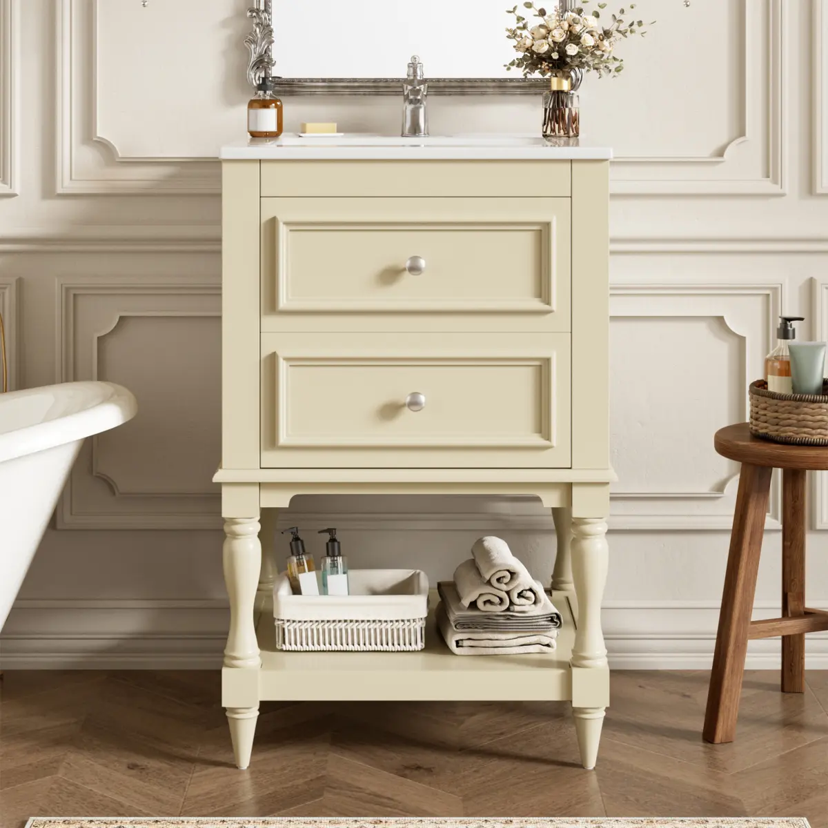 20 Inch Beige Rectangular Retro Palace Bathroom Vanity With Ceramic Sink, Solid Wood MDF Carved Legs Tip-Out Drawer U-Shaped Drawer Open Storage Shelf Freestanding Single Sink Bathroom Cabinet, Drawer Organization, Shelves And Drawers Floor Cabinets