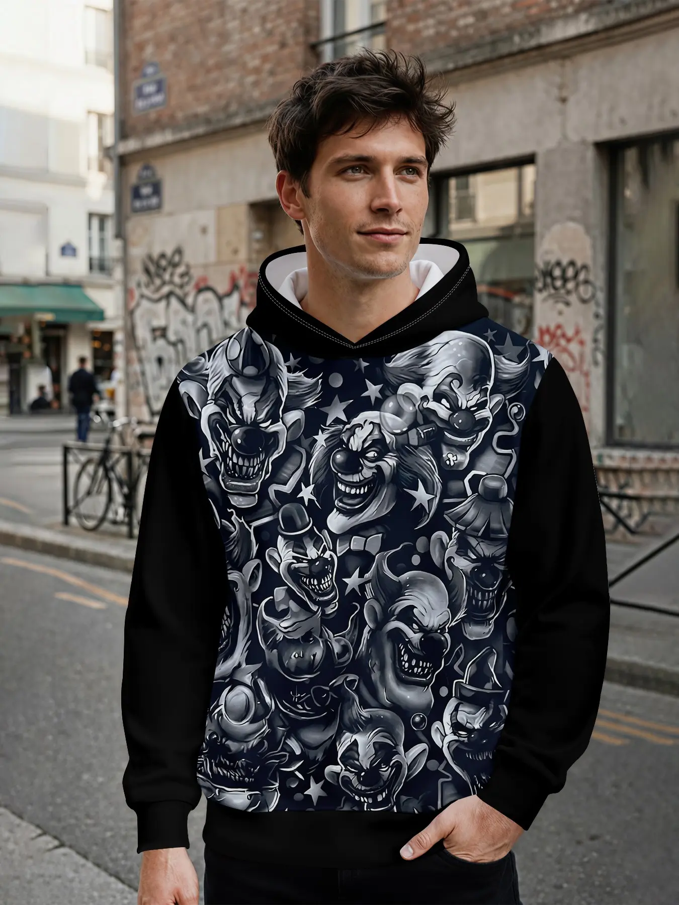 Men's hoodie with all-over graffiti print featuring black-and-white clown faces and stars, long-sleeve casual with 3D digital printing, Graphic streetwear clothing, for daily streetwear and music fe
