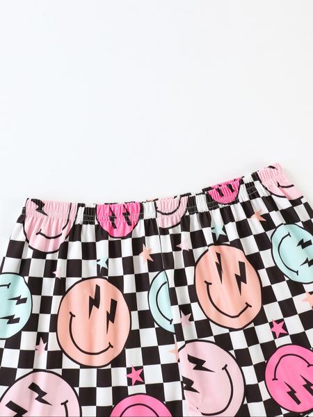 Women's Sleepwear Set, Smiley Face Print Pajamas, Lapel Button Short Sleeve Top & Elastic Shorts, Casual Fitted Nightwear