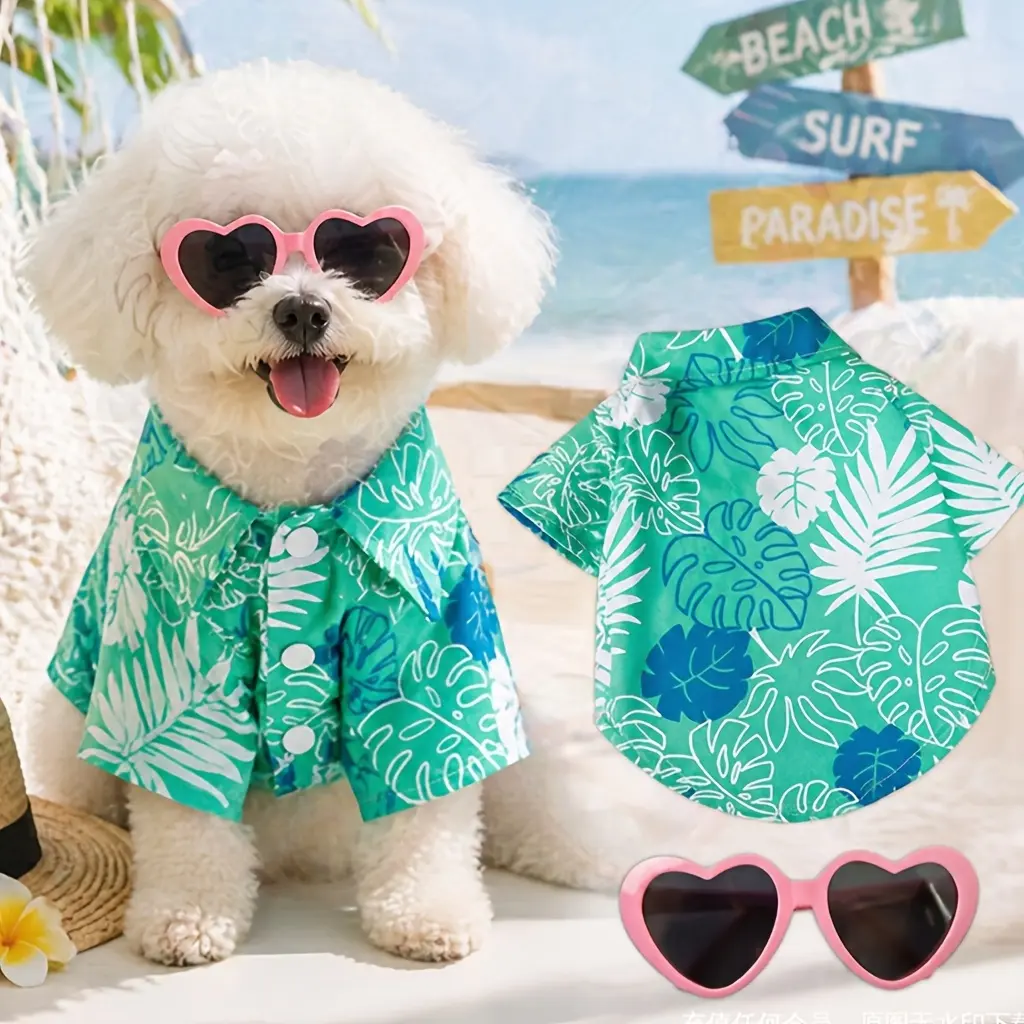 Dog Summer 2-Piece Costume Set - Hawaiian Print Shirt, Pink Heart Sunglasses, Cute Casual Fun Pet Outfit for Small Breeds (Bichon Frise, Teddy)