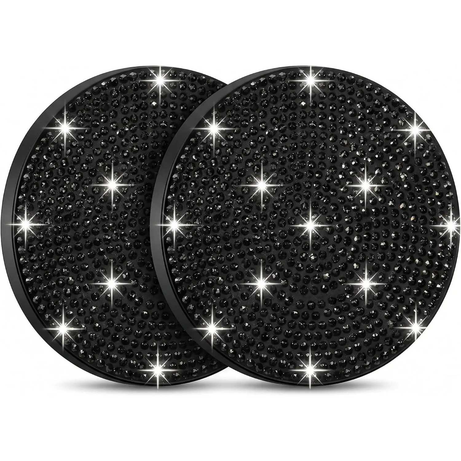 2 count Bling  Cup Coasters, 2.68" Shiny Rhinestone Insert Coaster for  Interior Decor,  Drink Holder Pad for Automotive Console, Girly Accessories,   Essentials Stuff (Black)