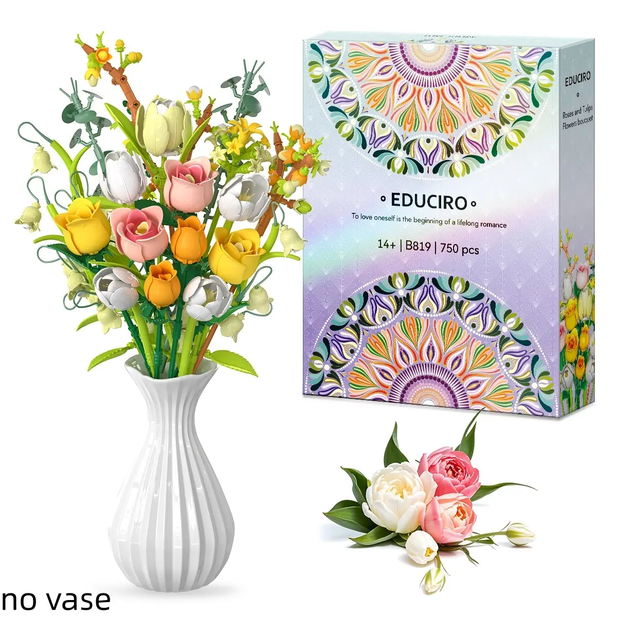 Tulip Rose Building Blocks Flower – Romantic Artificial DIY Floral Decoration Bouquet Building Set for Adults, Creative Hobby Gift for Women, Girls, Mom, Wife – Decorative Flowers Home Accent for Living Room Bedroom Office (Vase Not Included)