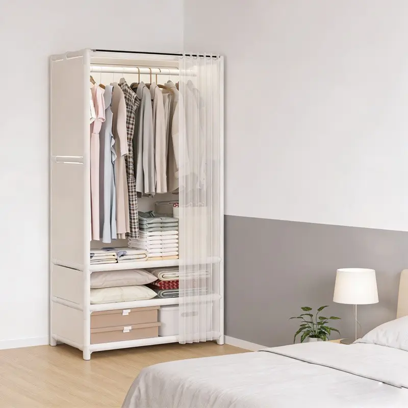 Assembled Portable Wardrobe, Integrated Hanging And Stacking, Heavy-Duty Wardrobe, Japanese-Style Clothes Rack, Featuring 1 Large-Capacity Hanging Zone, 3 Storage Shelves, Home Bedroom Reinforced Thickened Coat Rack Wardrobe, White