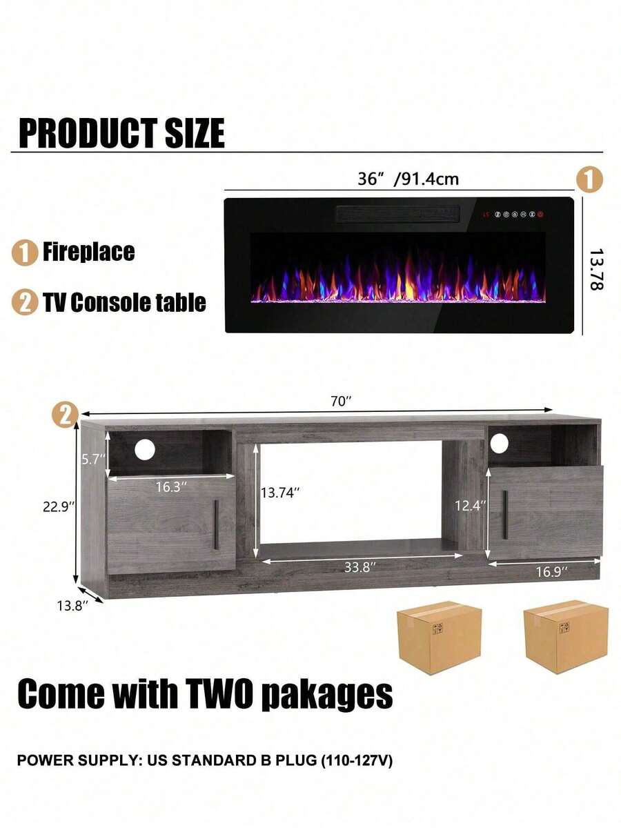 [2 Packages Shipping]Modern Fireplace TV Stand With 36" Electric Fireplace, And Storage Cabinet For TVs Up To 80" - High Gloss Wood Design For Living Room,Thanksgiving,Christmas  Gift