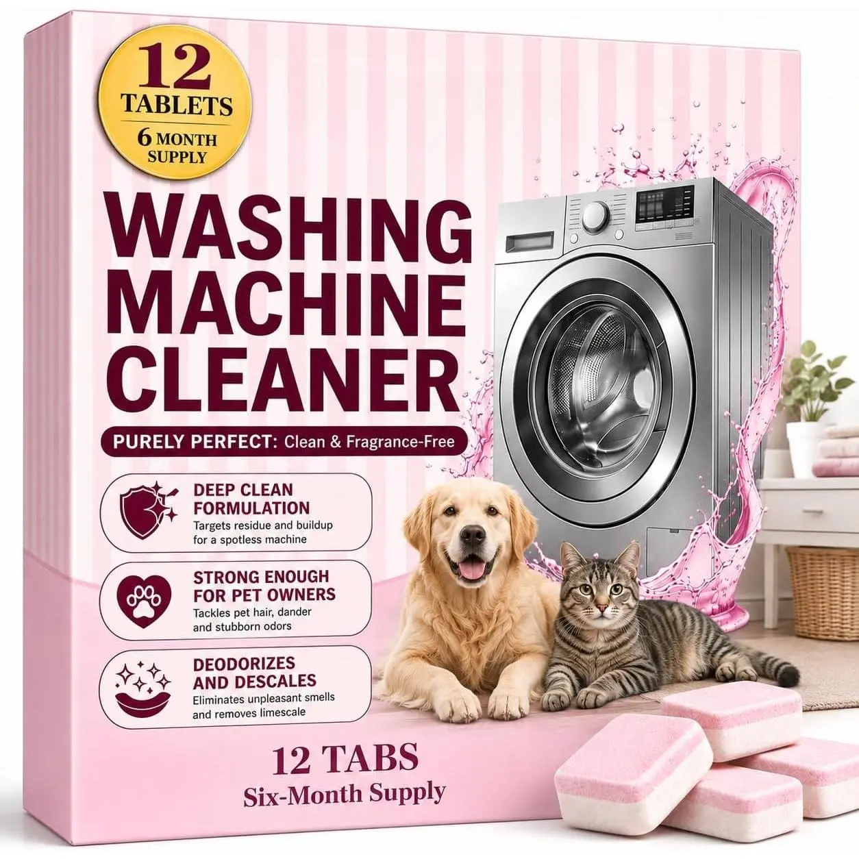 Washing Machine Cleaner Tablets –  Remover, Odor  & Descaler – Septic Safe, -Based Formula for HE, Front Load & Top Load Washers – 12 Tablets, 6 Month