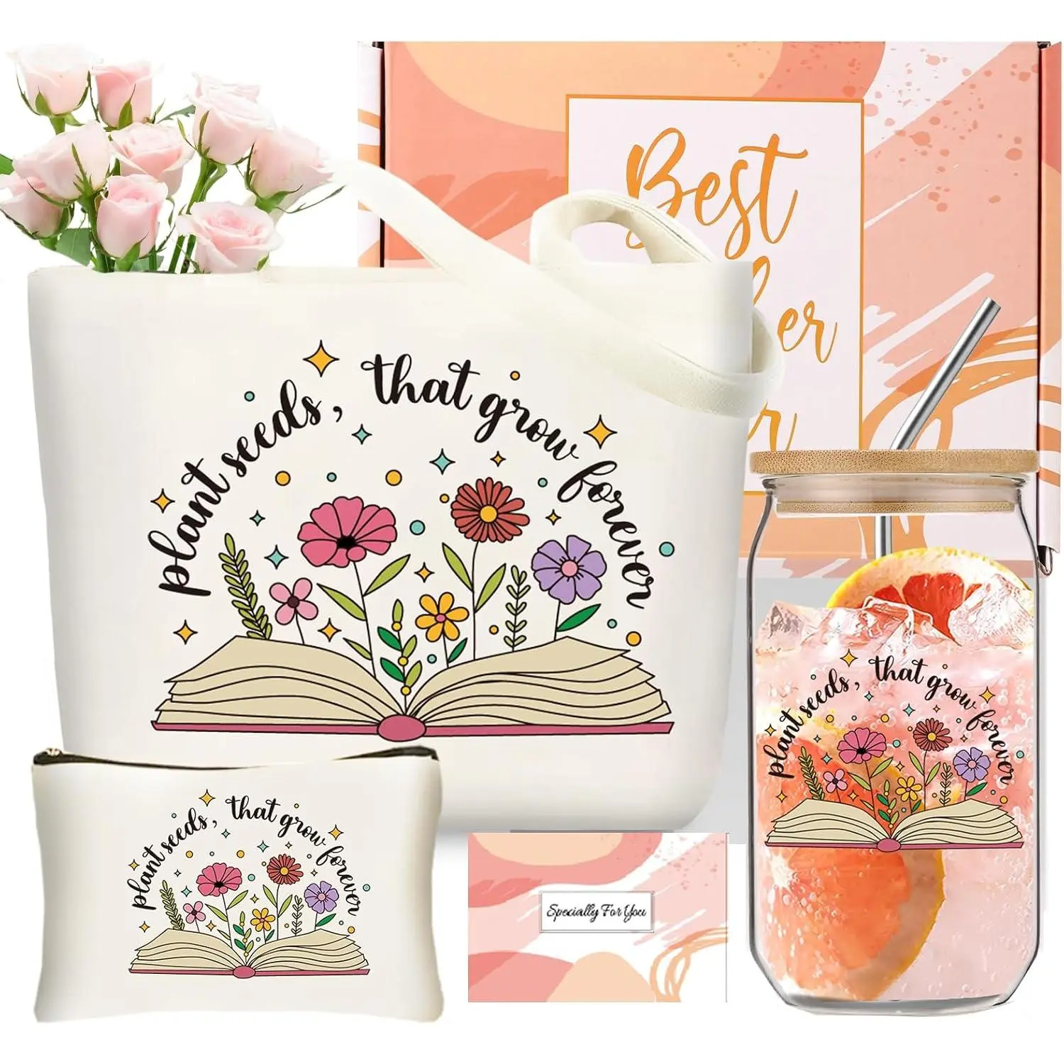 Teacher Appreciation  Set with Glass Cup Canvas Tote Bag for Women | Thank You Basket Box for Teacher with 16oz Glass Cup with  and Straws, ideal for Birthday Christmas presents