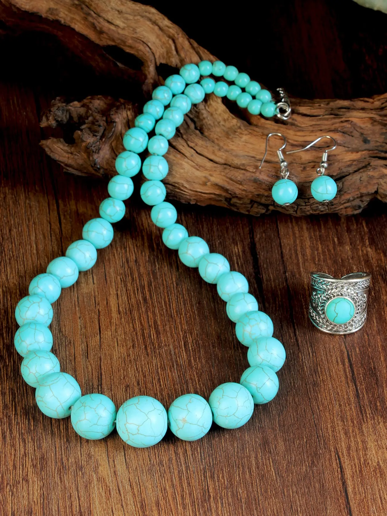 Bohemian Style Turquoise Necklace Earrings Ring Set, Fashion Jewelry for Women, Perfect for Parties and Vacations, Gift Idea