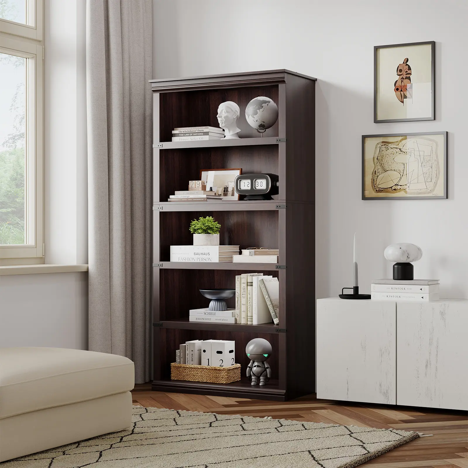 3-Tier/5-Tier Rustic Farmhouse Wooden Bookcase with Large Storage Space, Reinforced Sturdy Freestanding Display Shelf Holds Heavy Books, Multi Scene Storage Furniture for Living Room Bedroom Home Office Study Room