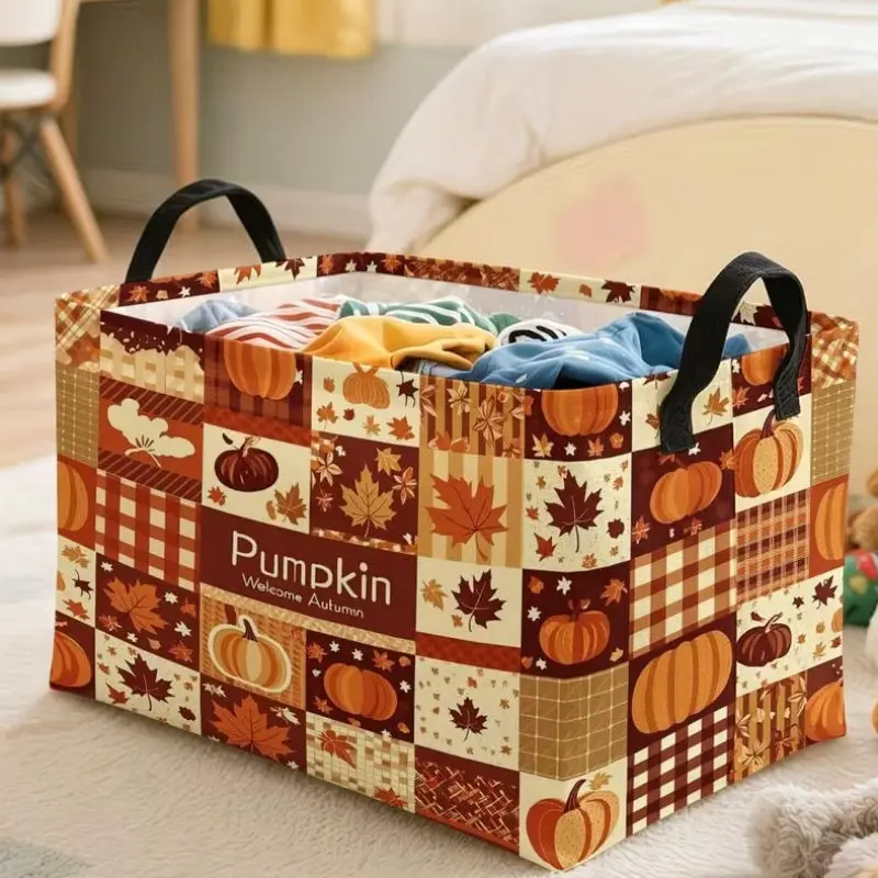 1pc, Festive Autumn Patchwork Storage Basket, Warm Brown Orange Beige Tone with Pumpkins And Maple Leaves Print, Multiple Specifications Available, Perfect for Home Storage And Fall Seasonal Decor, Shelf Baskets
