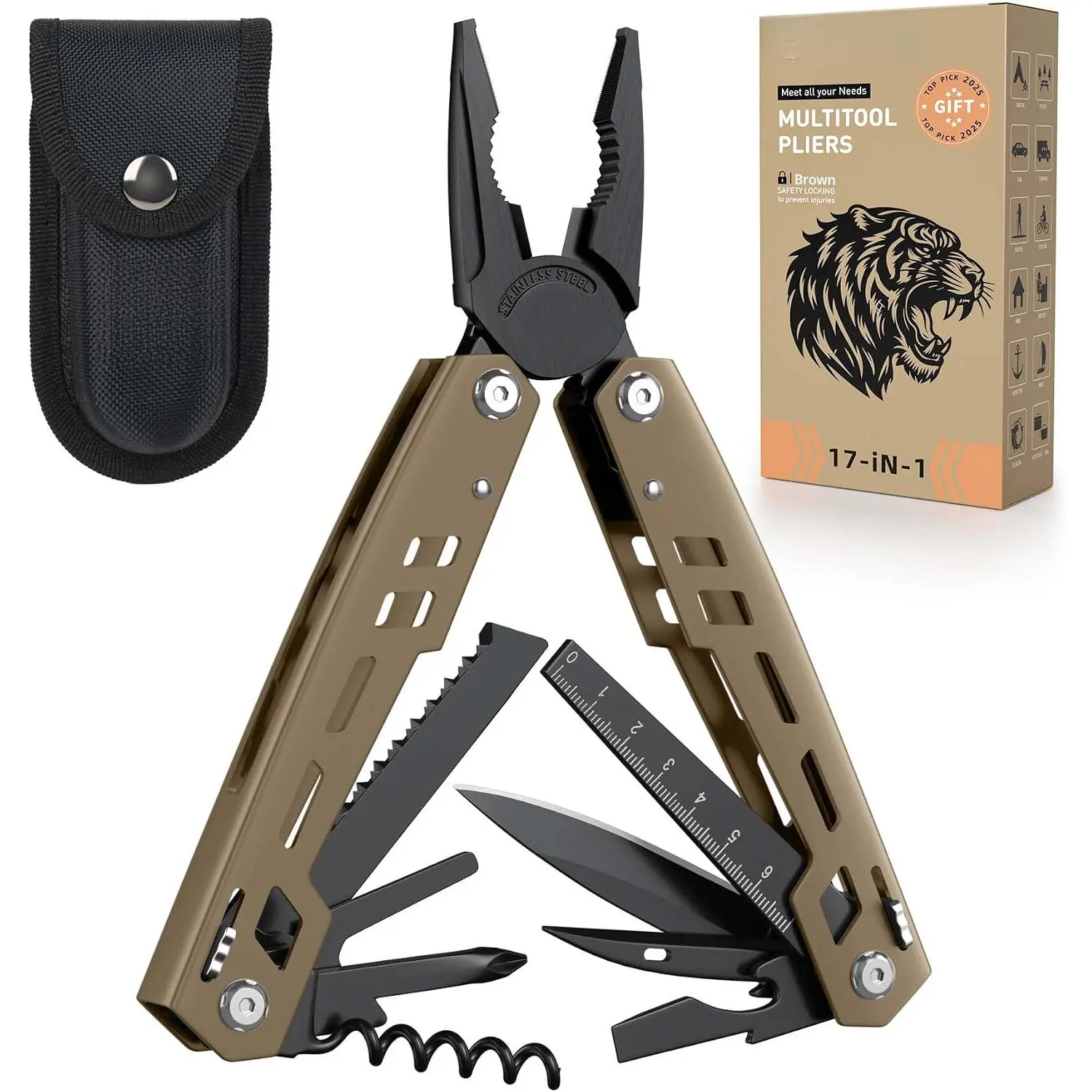 Multitool 17-in-1 Stainless Steel Multi Tool with Pocket Knife Needle Nose Pliers Bottle Opener Screwdriver Self-Locking Professional Multi-Tool for Outdoor Survival Gifts for Men(Brown)