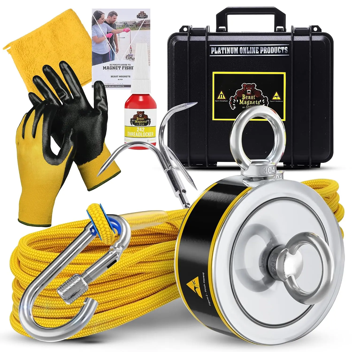 1320LB’s Complete Magnet Fishing Kit| Sided Fishing Magnet Kit with Case| Includes Neodymium N52 Magnets, 65ft Rope, Carabiner, Gloves, Grappling Hook & Carry Case