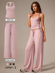Women's Two-Piece Set, Back Strap Design, High Elasticity, Slim-Fitting, Sleeveless, Ankle Length, Comfortable, Casual Style