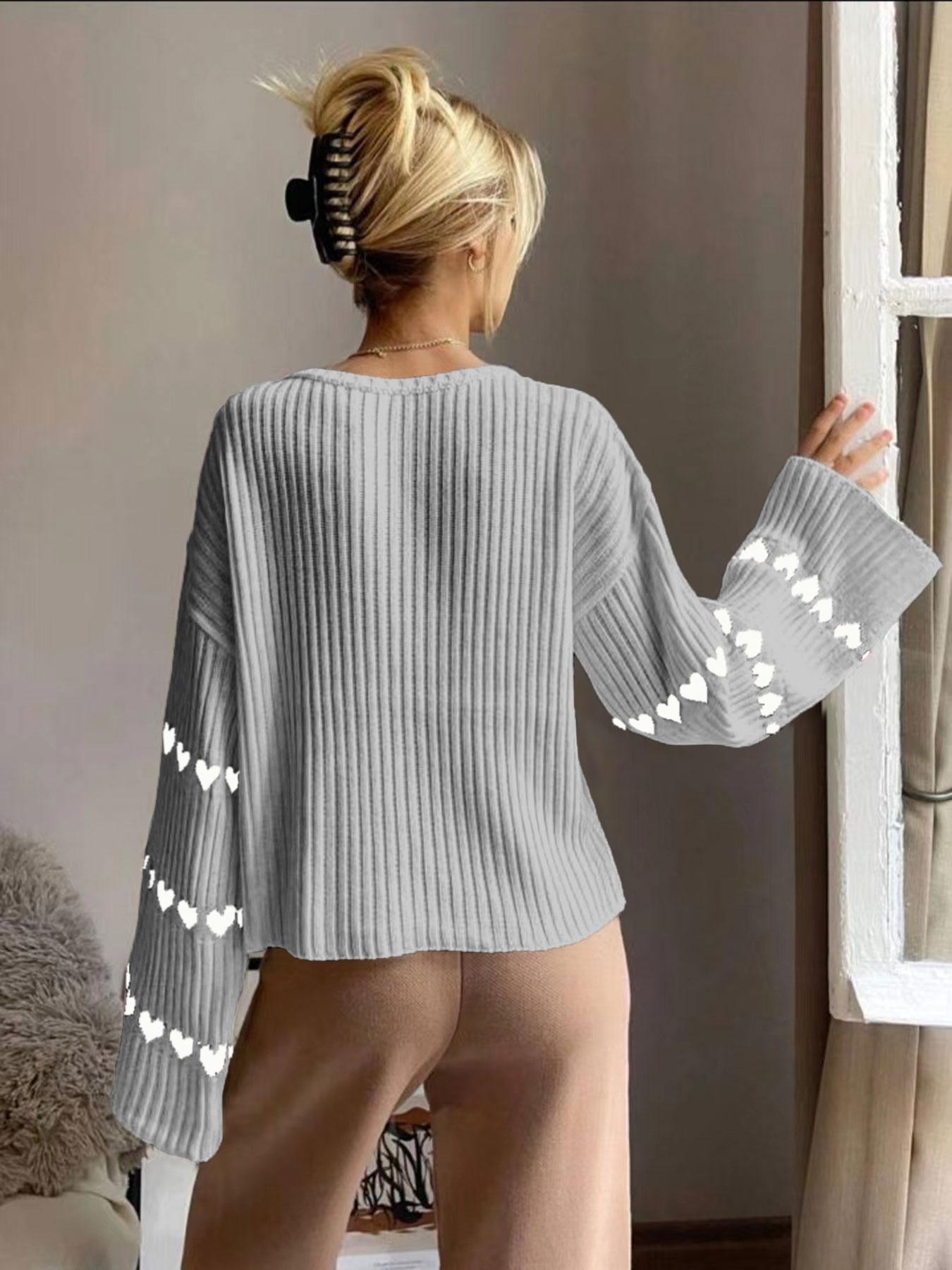 Women's Colorblock Heart Print Drop Shoulder Sweater, Casual Long Sleeve Round Neck Jumper for Fall & Winter, Fashion Ladies' Knitwear Knitting for Daily Wear