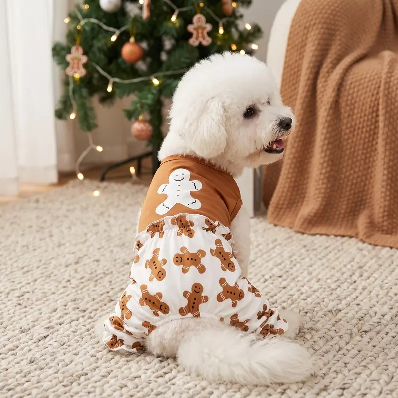 Christmas Dog Pajamas Onesie Pet Clothes, Cute Gingerbread Man Print Cat Apparel Outfit, Brown White Sleeveless Jumpsuit Pants with Ruffle Hem, Winter Warm Sleepwear Rompers PJs Xmas Holiday Party Cosplay Costume For Small Medium Large Dogs Cats Puppy