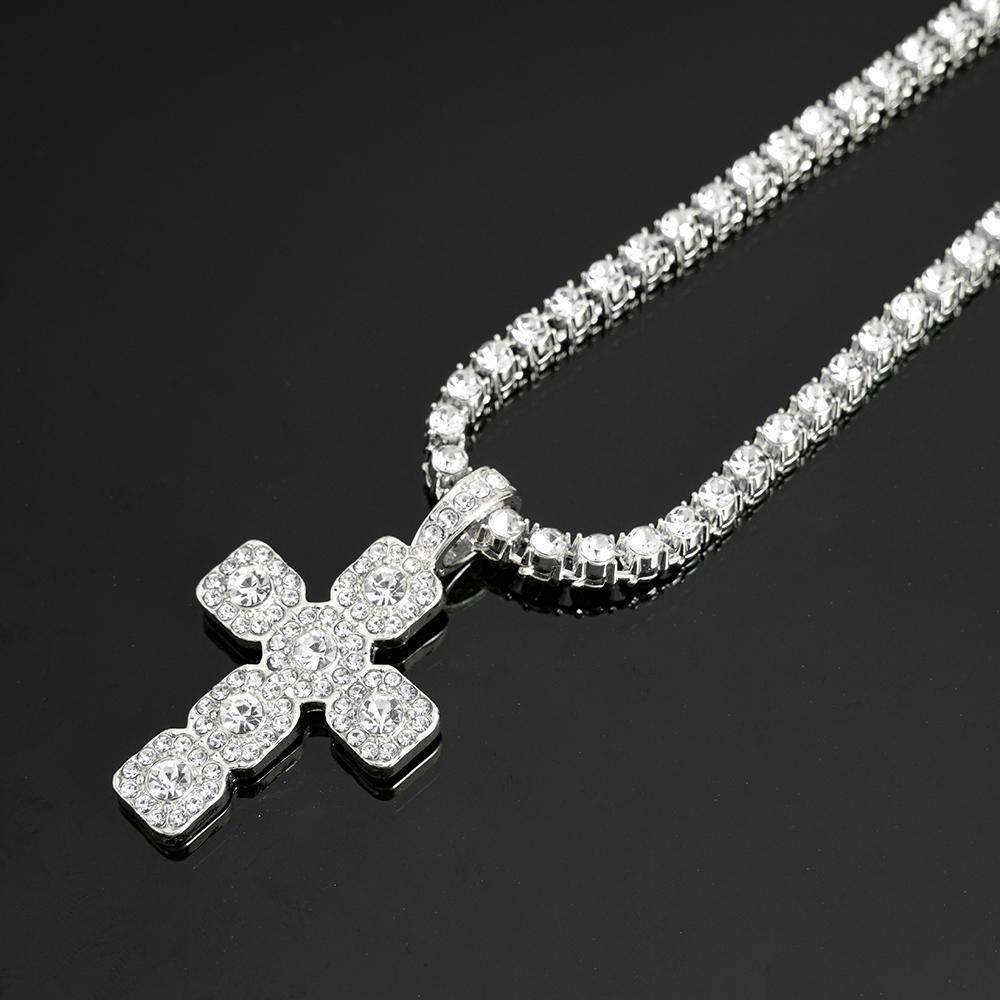 Iced Out Cross Necklace with 4mm Tennis Chain for Men Women, Bling Rhinestone Pendant Necklace, Hip Hop Streetwear Jewelry, Aesthetic Sparkling Chain for Party, Outfit, Gift