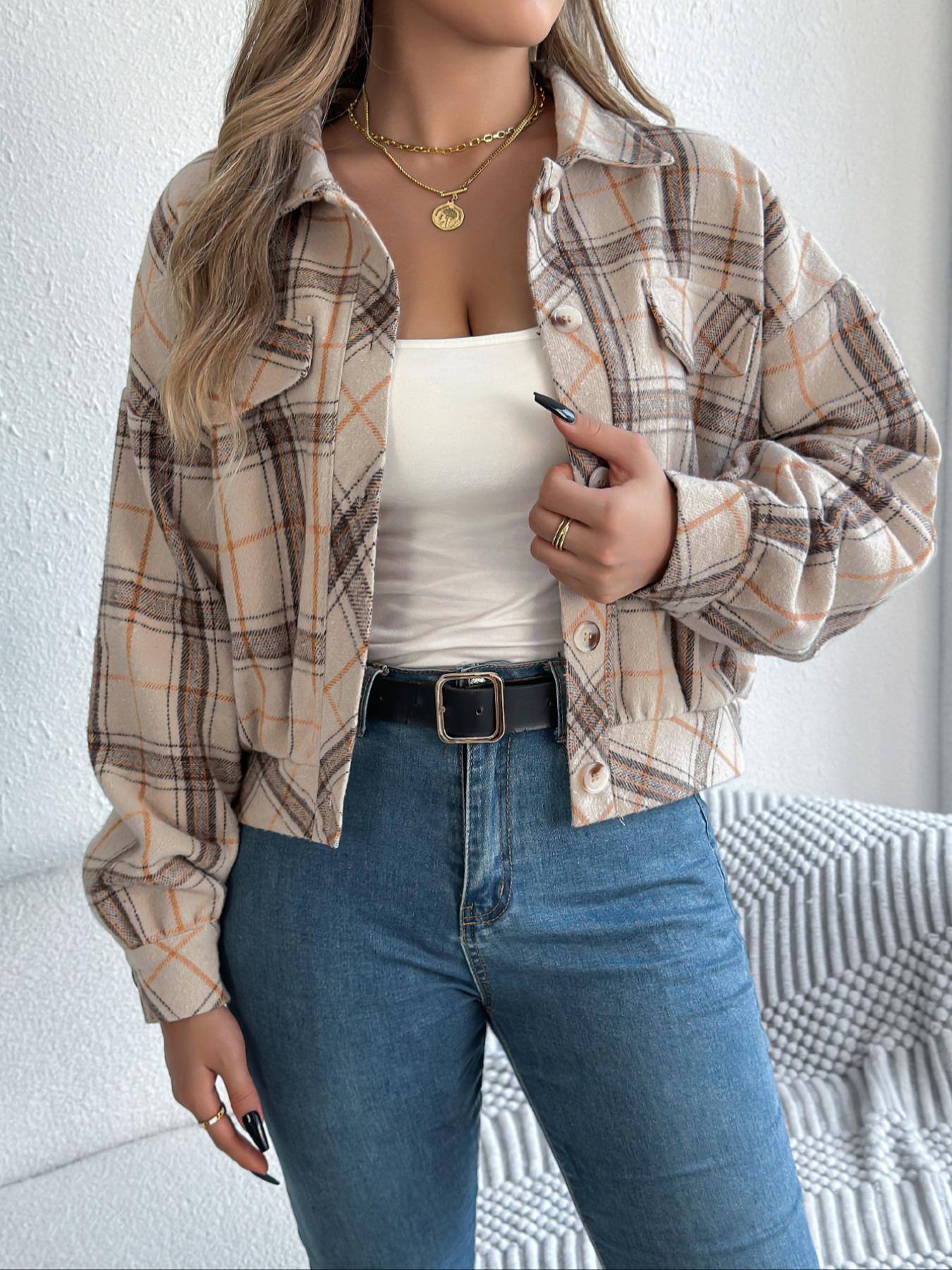 Women's Chic Plaid Print Button Front Drop Shoulder Jacket, Casual Long Sleeve Collared Outerwear for Fall & Winter, Ladies Clothes for Daily Wear