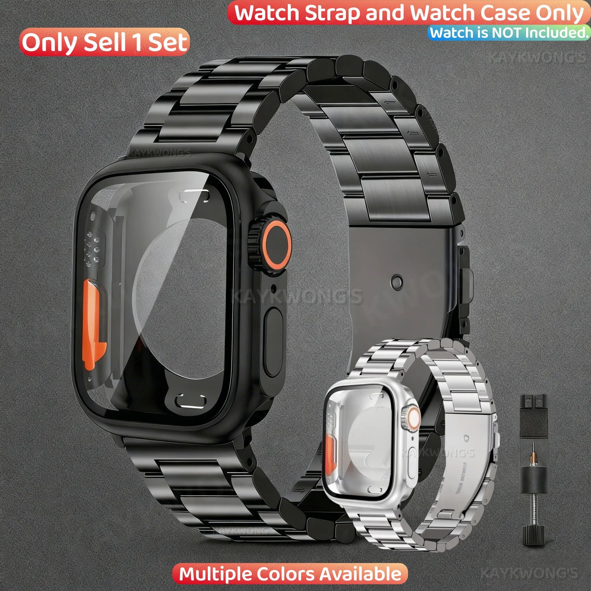 KAYKWONG'S Stainless Steel Metal Solid Band with Watch Case, Smartwatch Strap, Smartwatch Accessories, Wearable Tech Accessories, Smartwatch Compatible Bands, Compatible with iWatch Series 11/10/9/8/7/6/5/4/3/2/1, For 46mm 45mm 44mm 42mm 41mm 40mm 38mm