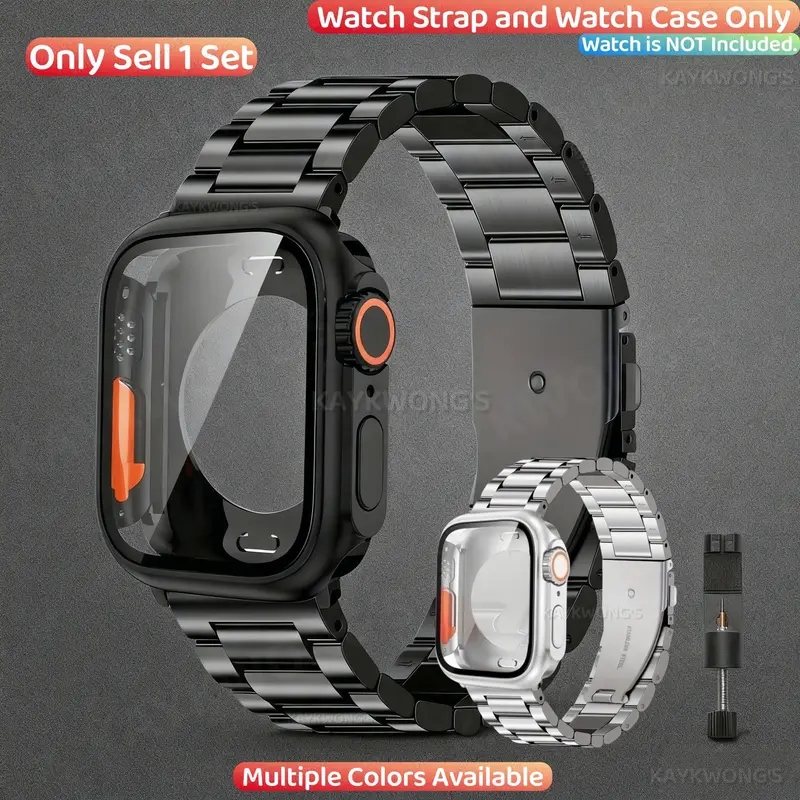 KAYKWONG'S Stainless Steel Metal Solid Band with Watch Case, Smartwatch Strap, Smartwatch Accessories, Wearable Tech Accessories, Smart Wearable Accessory, Compatible with iWatch Series 11/10/9/8/7/6/5/4/3/2/1, For 46mm 45mm 44mm 42mm 41mm 40mm 38mm