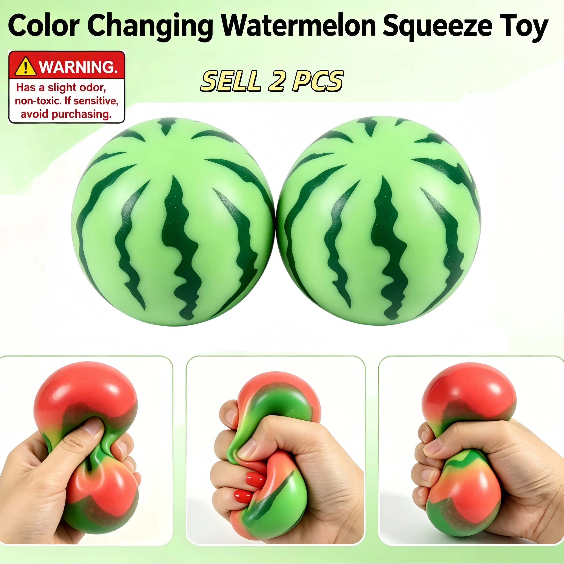 2 Pack Squeeze Color Changing Watermelon Squishy Toy, Realistic Fruit Stress Relief Ball, Soft Rubber Anxiety Relief Toy, Perfect Gift for Adults & Kids
