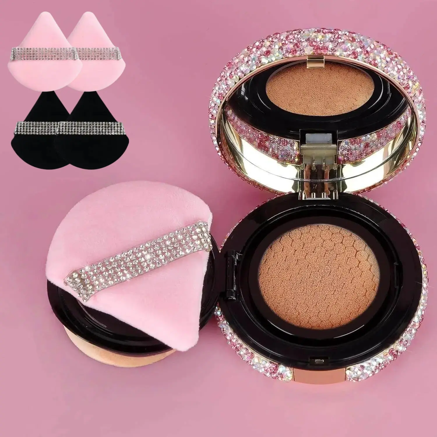4 Pack Soft Face Powder Puff with Storage Mesh Bag, Triangle Velour Makeup Sponges, Wet and Dry Use, Washable, Gift for Parties
