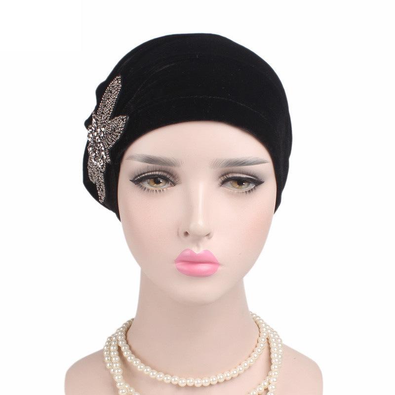 Velvet Pleated Turban Hat with Beaded Flower, Soft Hair Loss Bonnet for Women