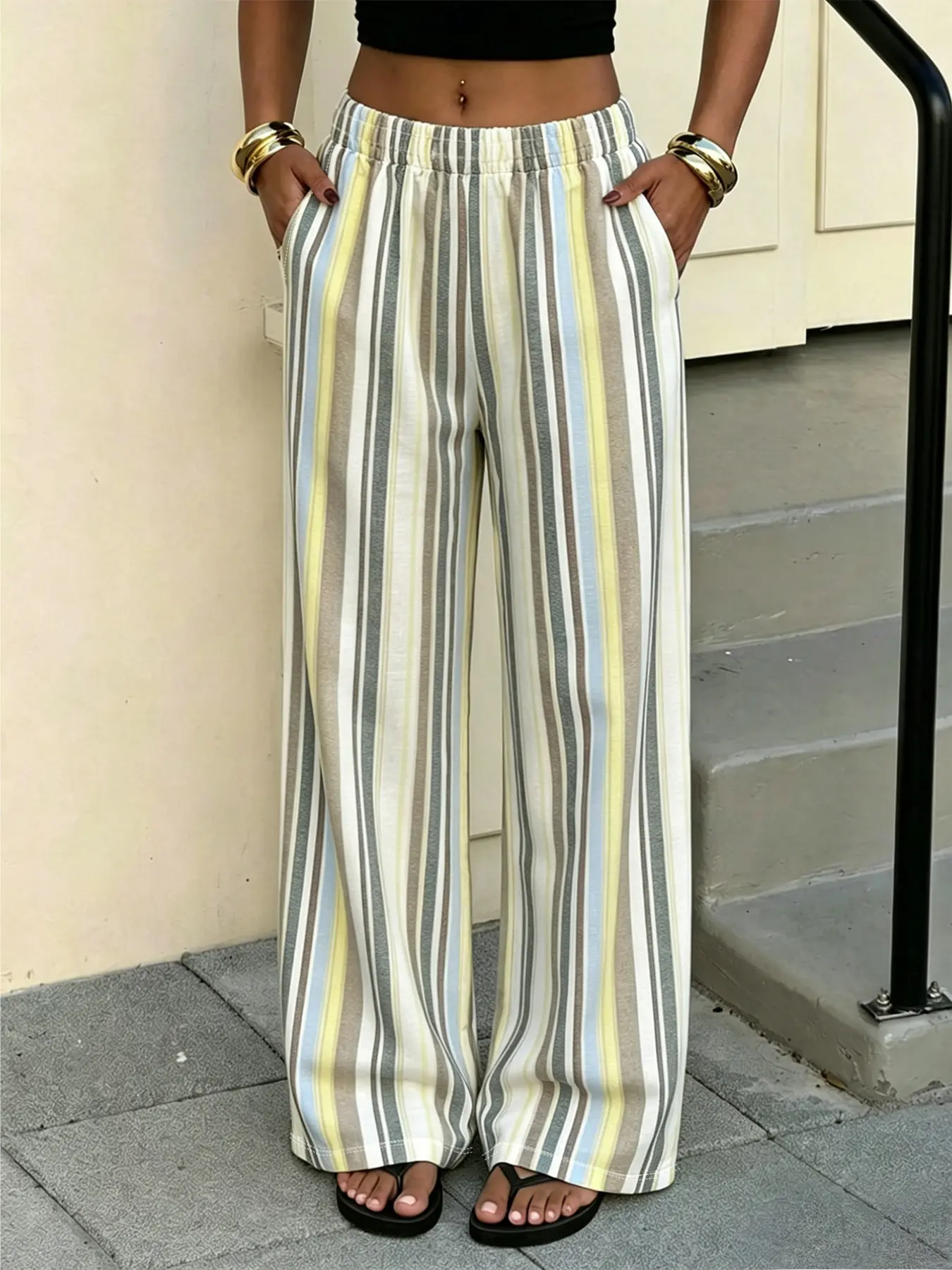 Women's Striped Print Drawstring Waist Adjustable Casual Oversized Wide Leg Pants, Casual Fashion Trousers, Casual Chic Trousers, Summer, Loose-Fitting, All-Over Print, Ideal for Daily Wear