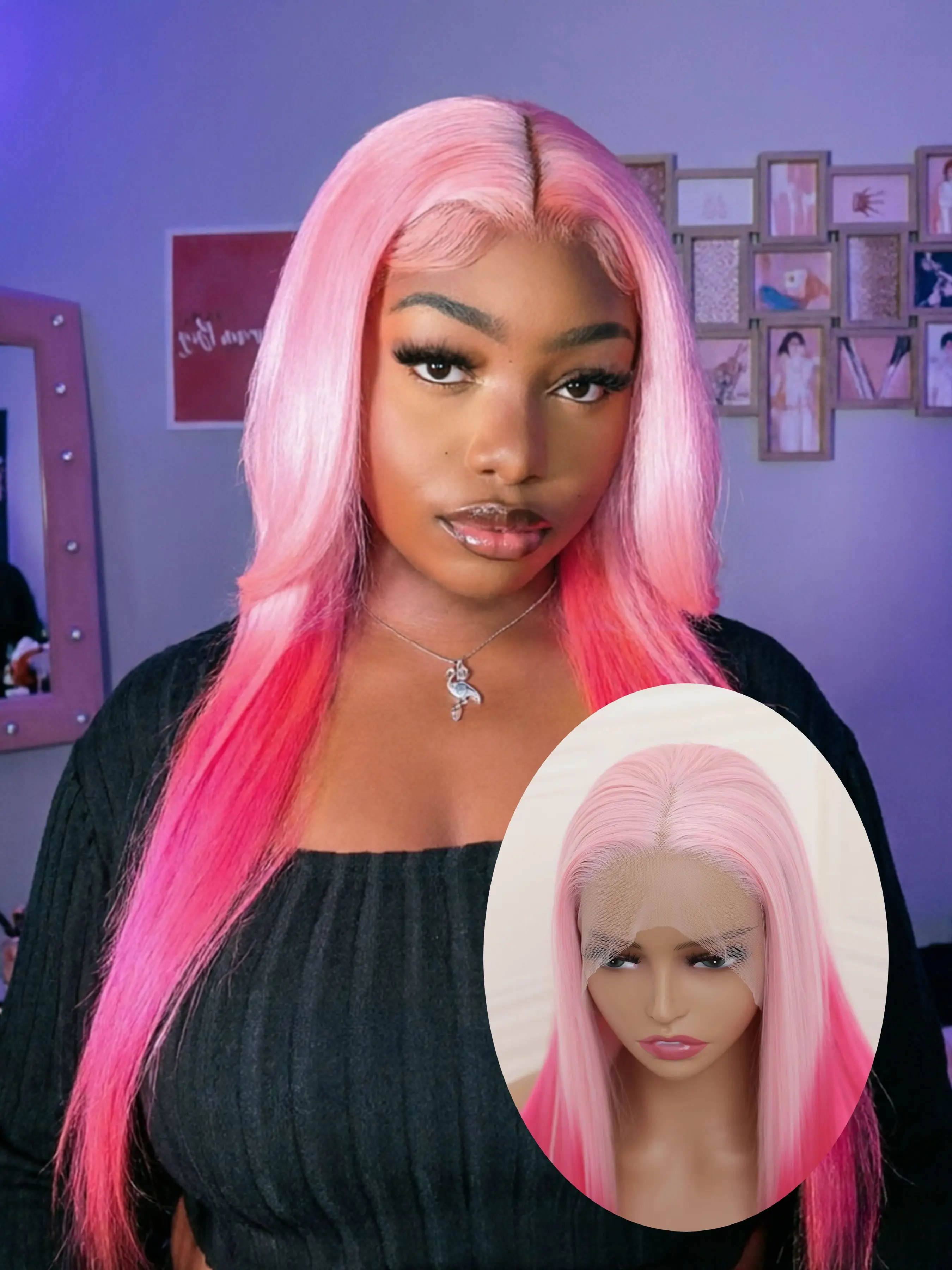 Ombre Pink Straight Synthetic Lace Wig Silk Straight Heat Resistant Fiber Gradient Pink Color Lace Front Wigs for Women Men Party Cosplay Wear Pink Ombre Hair