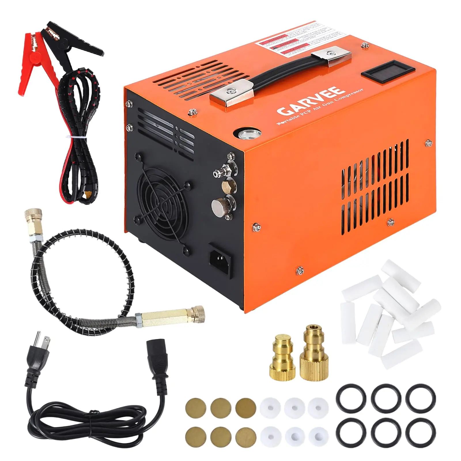 Portable PCP Air Compressor – 4500PSI/30Mpa, Built-in Converter, Fan Cooling, Manual-Stop, DC12V/AC120V – Ideal for Air Rifles, Paintball, Scuba Tanks