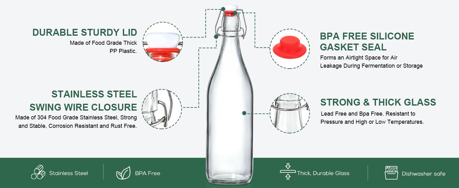 8 Set 16 OZ Swing Top Glass Bottles - Flip Top Beer Brewing Bottles with Stopper for Fermentation, Kombucha, Mead Kefir, Vanilla Extract, Juice, Tea, Wine, Soda - Airtight Cap Lids, Bonus 2 Pourers: Home & Kitchen