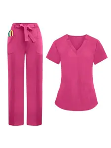 Women Nurse Doctor Work Uniform Set V Neck Scrub Top With Straight Cut Pants Workwear For Hospital Operating Room