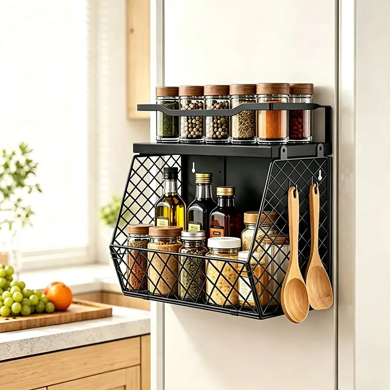 Three-In-One Magnetic Refrigerator Side Shelf with Spice Rack, Wall-Mounted Kitchen Metal Mesh Organizer, Suitable for Refrigerator, Kitchen, Laundry Room