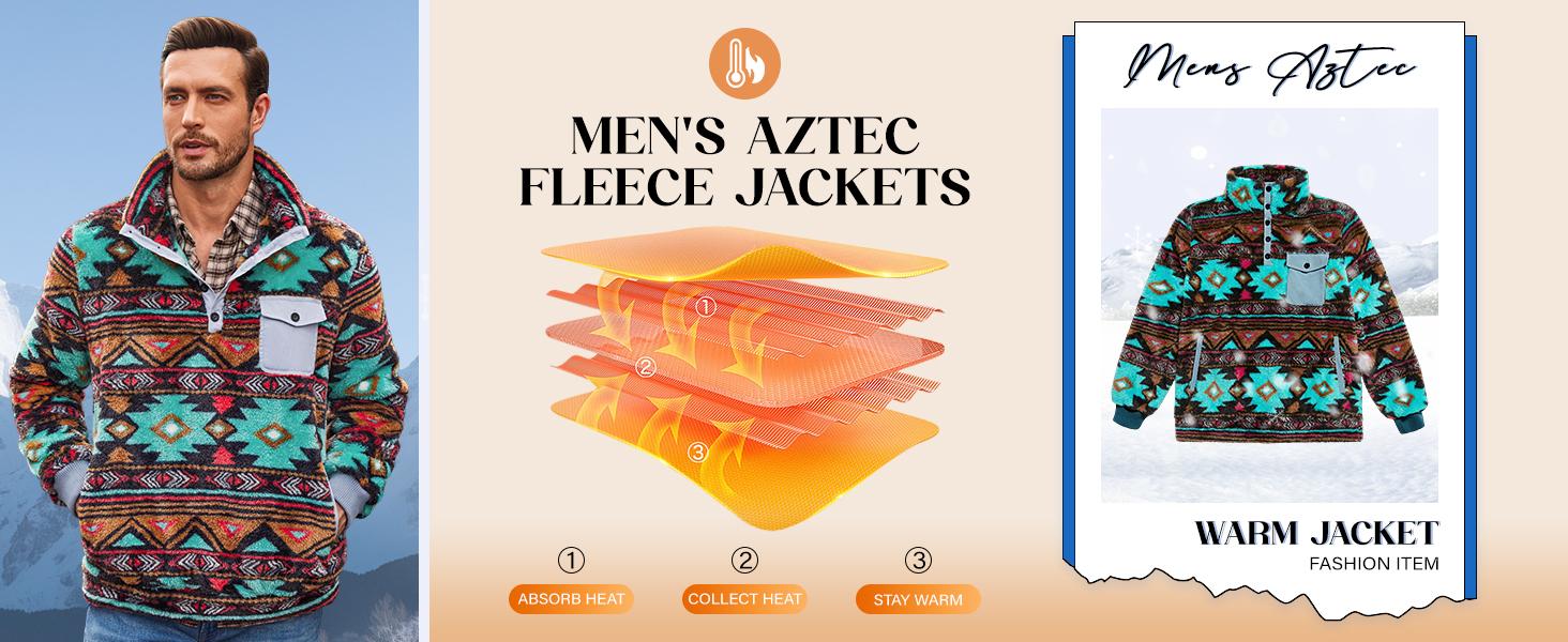 【Christmas Sale】PASLTER Mens Christmas Aztec Fleece Jackets Fuzzy Sherpa Pullover Sweatshirts Winter Coats Western Vintage Sweaters with Pocket