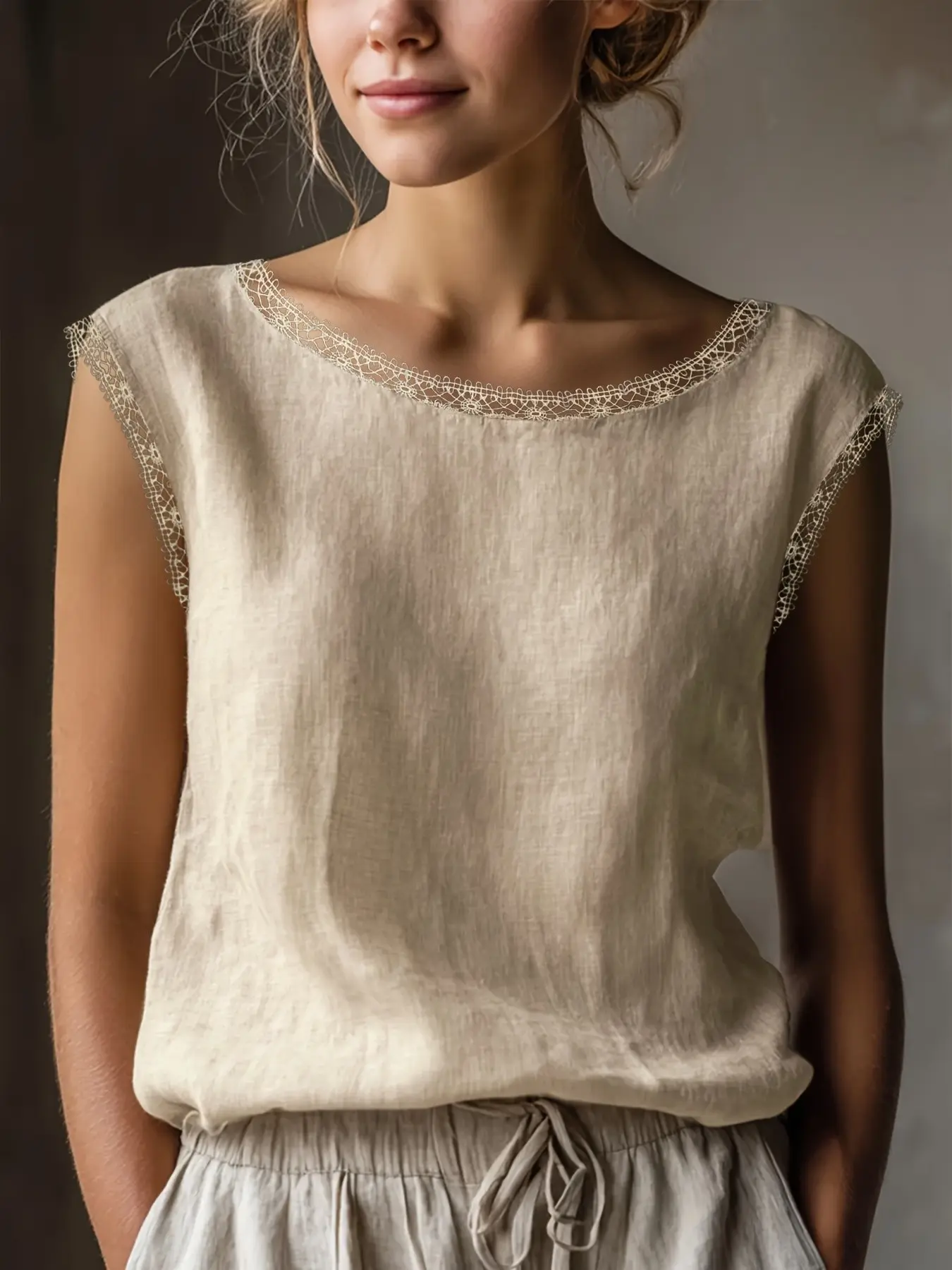 Women's Lace Trim Sleeveless Shirt, Summer Lightweight Breathable Linen Texture Round Neck Loose Tank Top, French Vintage Countryside Style Vacation Casual Top