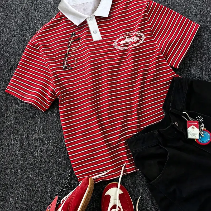Men's Retro Striped Classic Polo Shirt, College Style Casual Short Sleeve Top, Fashion Geometric Embroidery, Trendy Men's Clothing