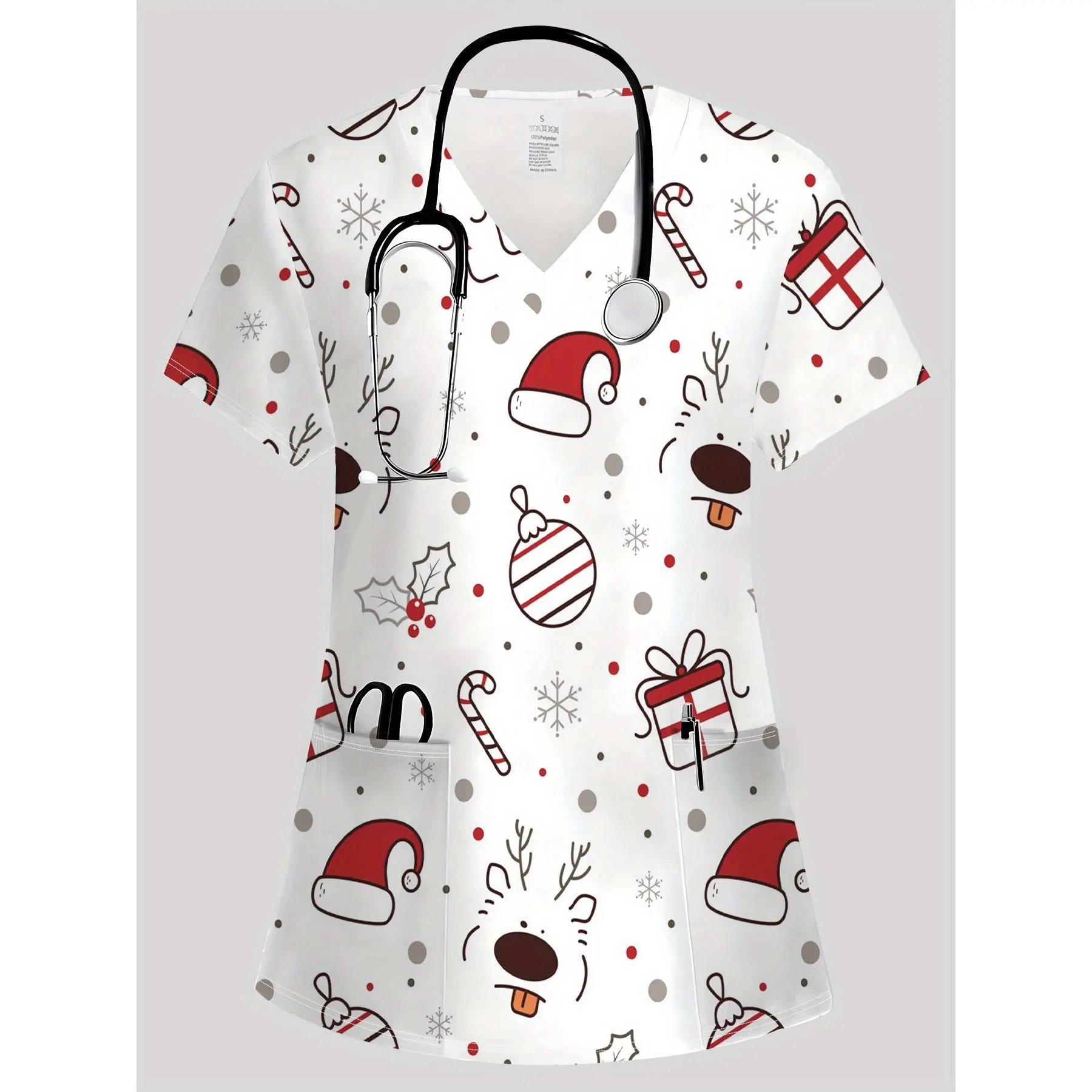 Women's Fashion V-neck Short-sleeve Scrub Top with Pockets - Vibrant Cartoon Elements, Comfortable Stretchy Breathable Fabric, Ideal for Nurses, All-Season Daily Use