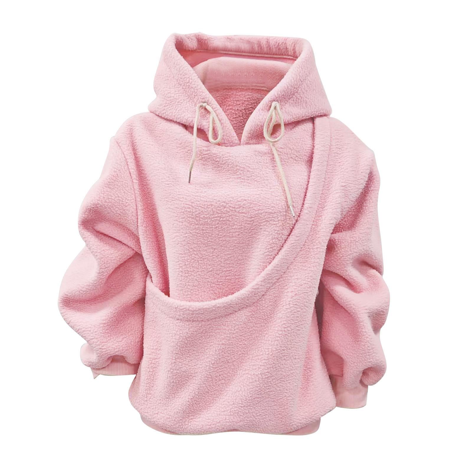 Autumn and Winter Solid Color Hooded Plush Pet Pocket Loose Pullover Sweatshirt for Women Fashionable Warm Cold Resistant Polyester,Gift