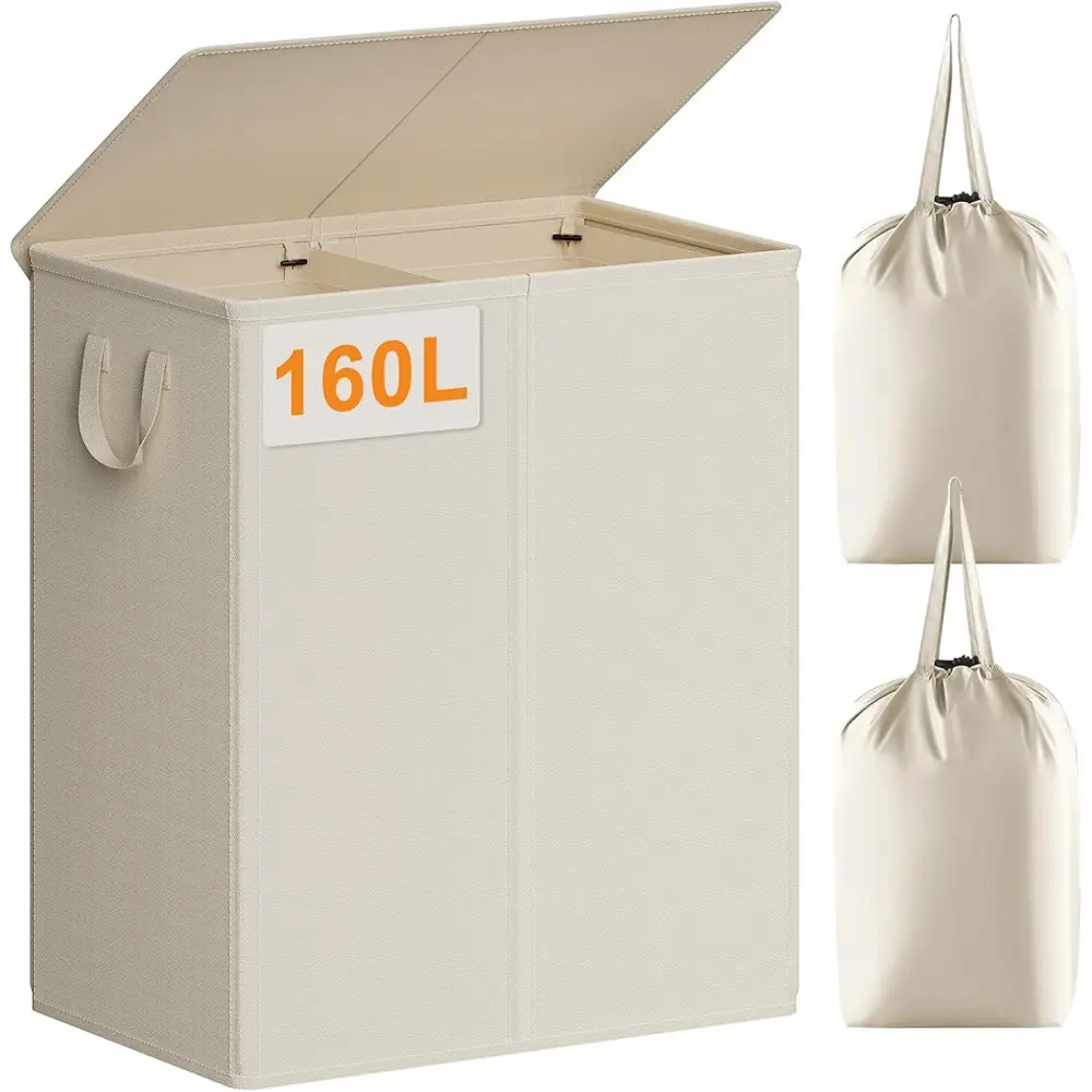 Double Layer Laundry Basket with Lid, 140L/160L Capacity, Folding Laundry Basket, Foldable Design, Dual Compartment with Handles, Ideal for Bedroom, Closet, Bathroom
