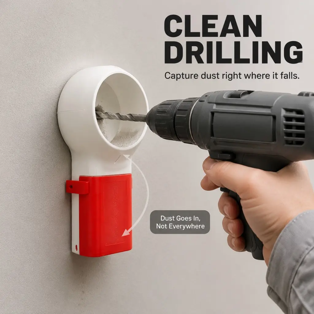 Rotating Nozzle Drill Dust Collector Box, Ergonomic Design, Easy Cleaning, Efficient Dust Containment, Compact Size, Durable Plastic, Ideal for Construction Workers and DIY Enthusiasts