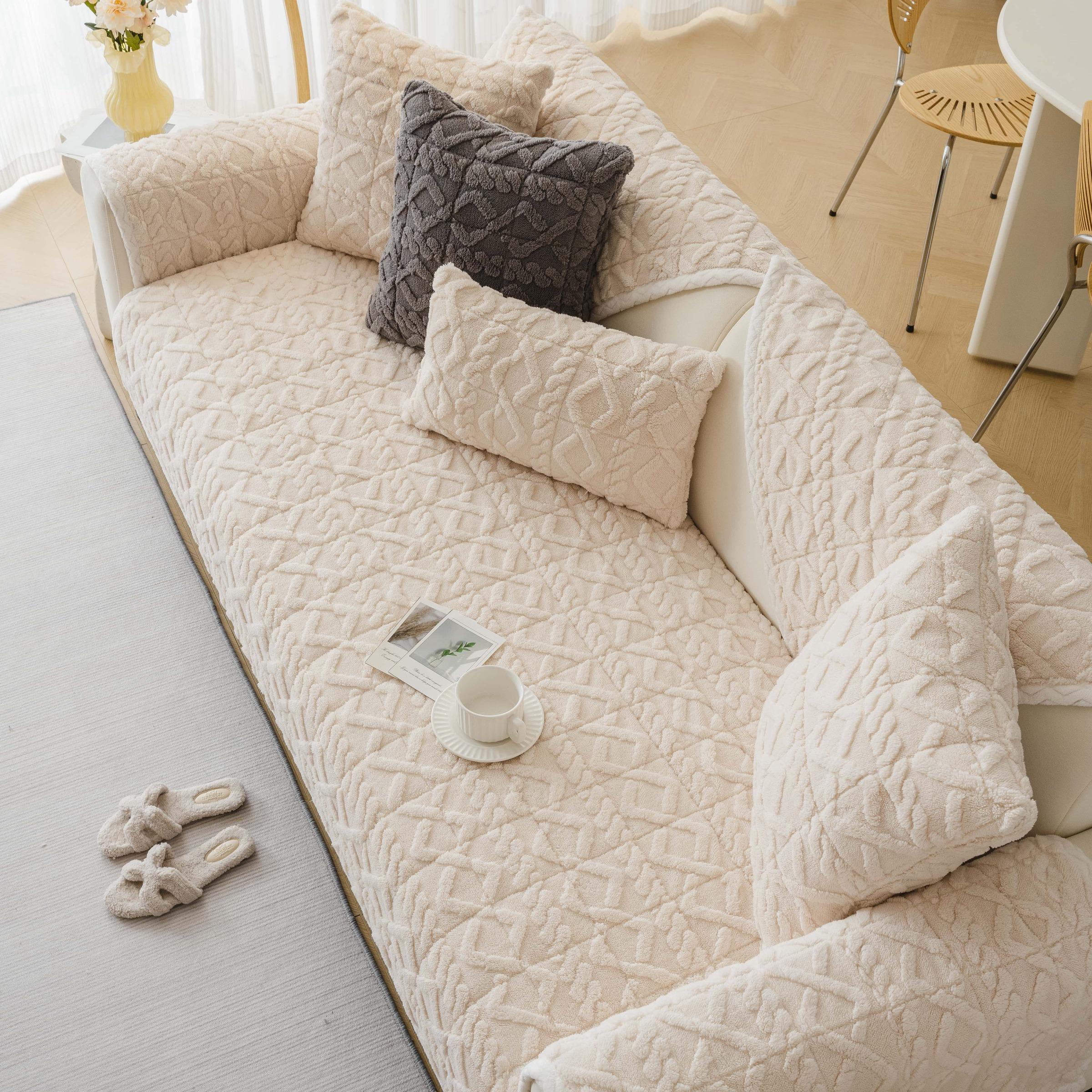 Soft Plush Geometric Quilted Couch Sofa Cover, 1 Count Boho Non Slip Fuzzy Sectional Couch Cover, Solid Color Plush Sofa Cover, Warm & Thick Decorative Sofa Cover for Living Room, Office, Bedroom Decor, Soft Sofa Protector