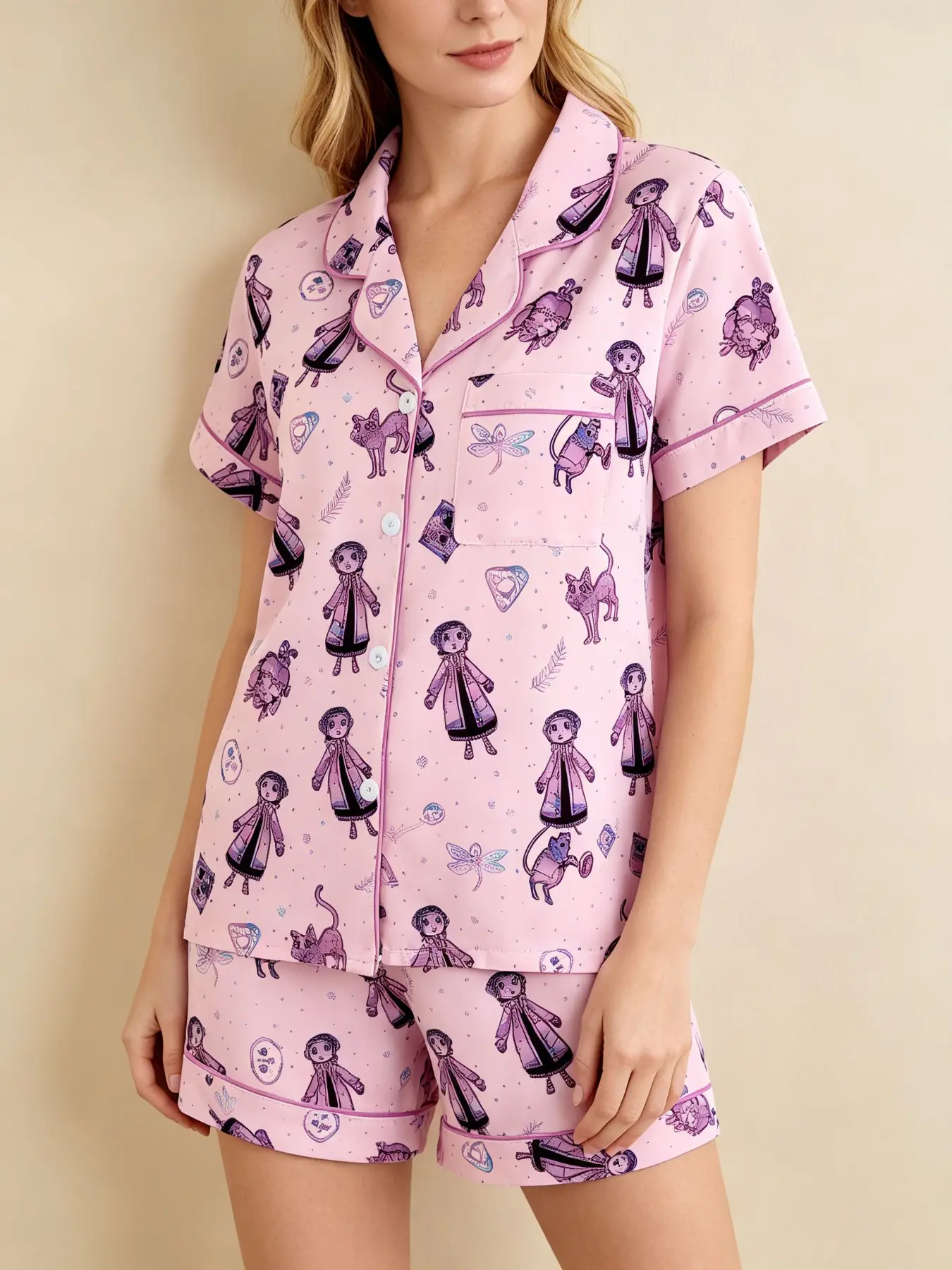 Coraline Cartoon Print Women's Pajama Set, Comfortable Wear-Outside Sleepwear, Short Sleeve Button-Up Top and Elastic Shorts, Casual Home Gift