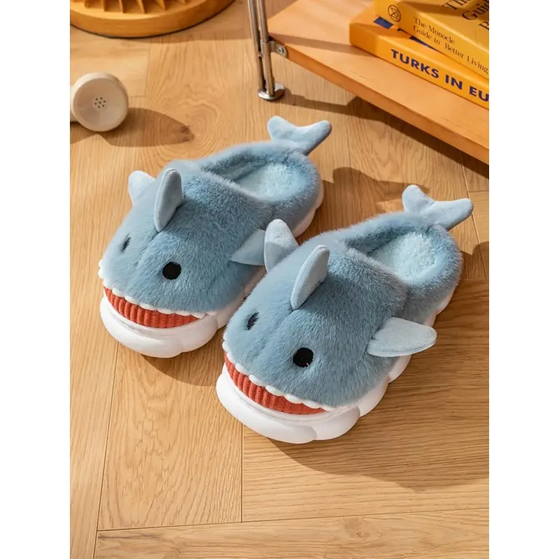 1Men's Cute Fluffy Cartoon Shark Design Plush Home Slippers, Casual Soft Fuzzy Plush Pillow-like Comfortable Home Slippers, Warm & Cozy Slippers for Fall & Winter Wear, House Shoes, Footwear, Indoor Slippers