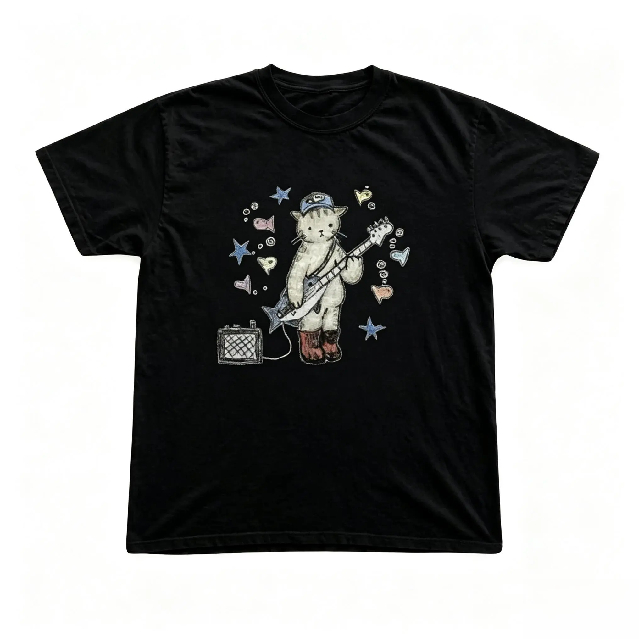 Rock Cat Guitar Oversized Tshirt Women Vintage Y2k Grunge Graphic Printed Tee Animal Streetwear Casual Short Sleeve Top