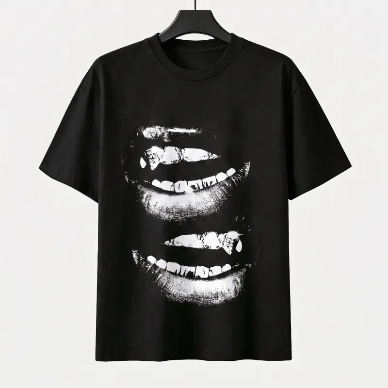 Women's Grin Fang Mouth Print Short-Sleeve T-Shirt, Fashion Graphic Boxy Fit Unisex Top, Novelty Funny Casual Sportswear Piece