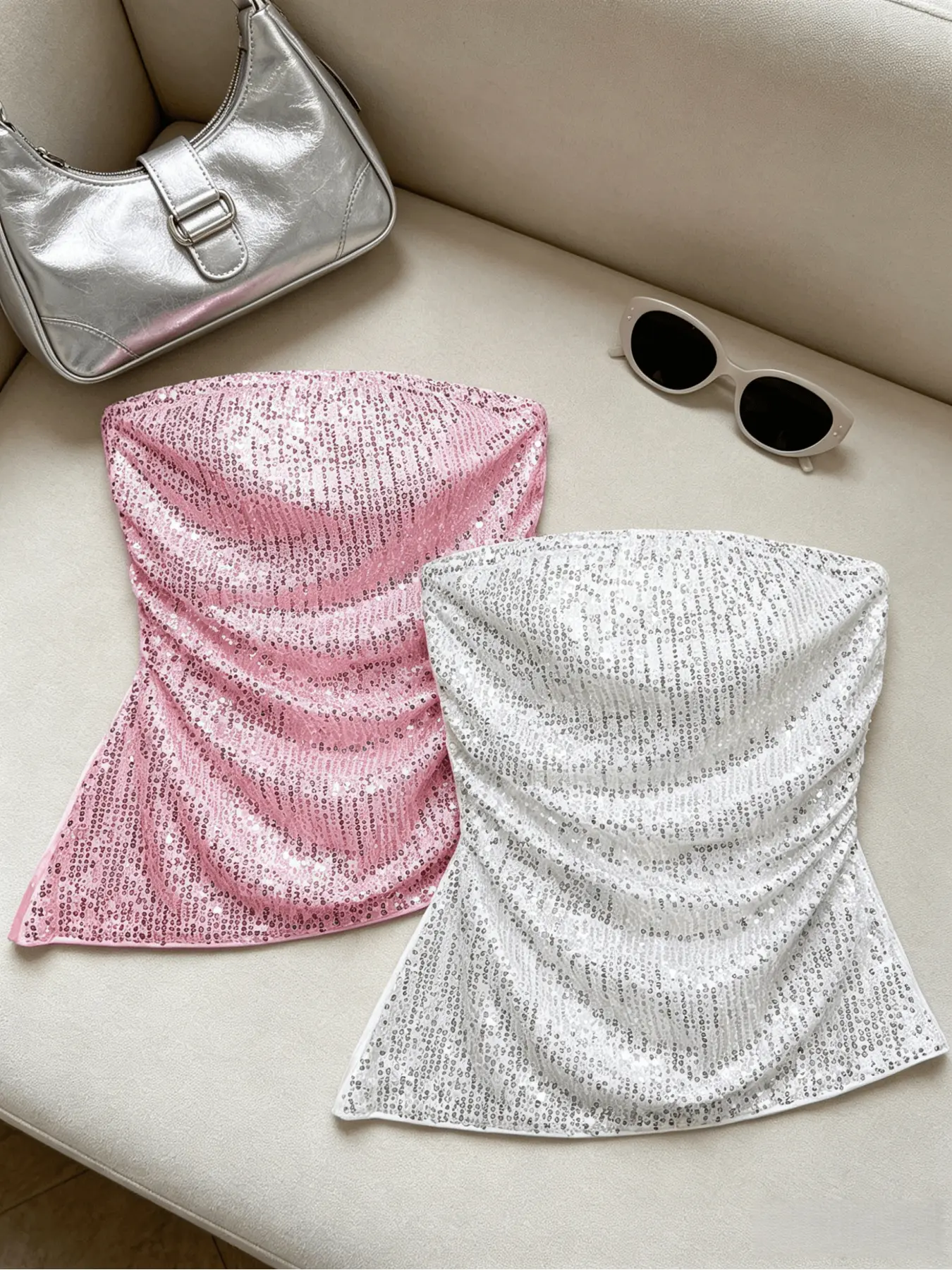 Women's Sequin Bandeau Sleeveless Crop Top 2-Piece Set