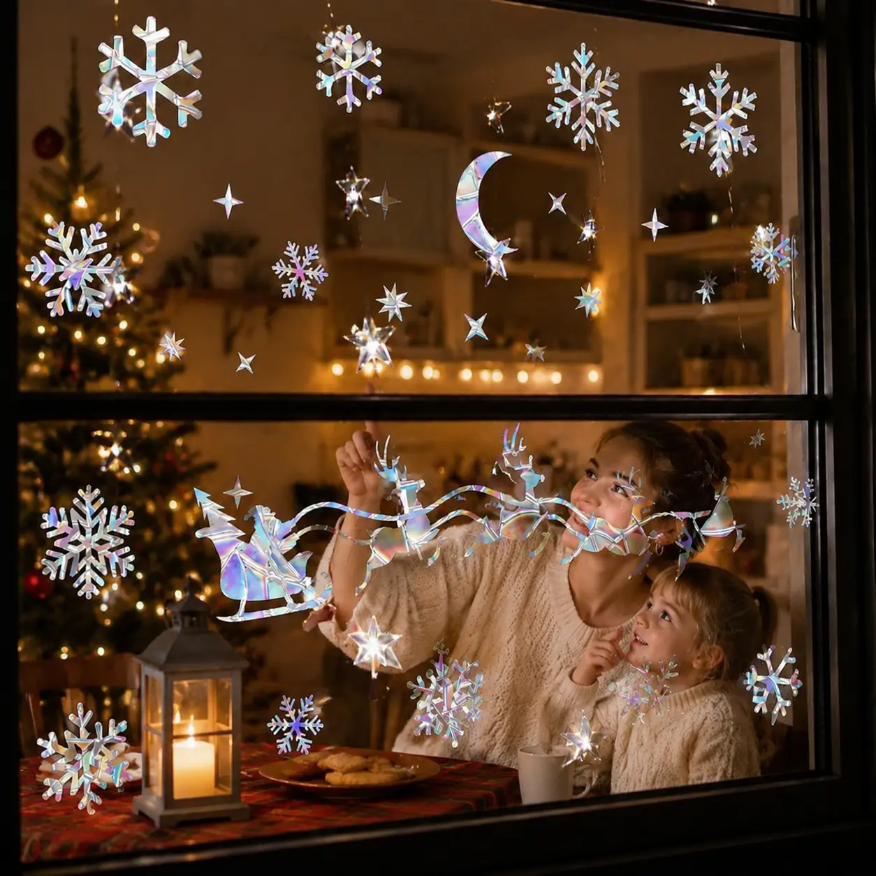 2-Sheet No-Glue Static Christmas Window Decals - Prismatic Holographic Bird-Alert Clings with Santa, Reindeer, Sleigh, Moon, Star, Snowflake Designs for Household, Office Winter Decor