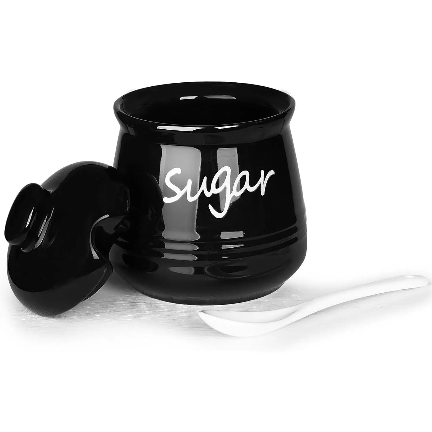 12oz Ceramic Sugar Bowl with Lid and Spoon, Black Sugar Dispenser Storage Container, Coffee Bar & Kitchen Countertop Canister Accessory