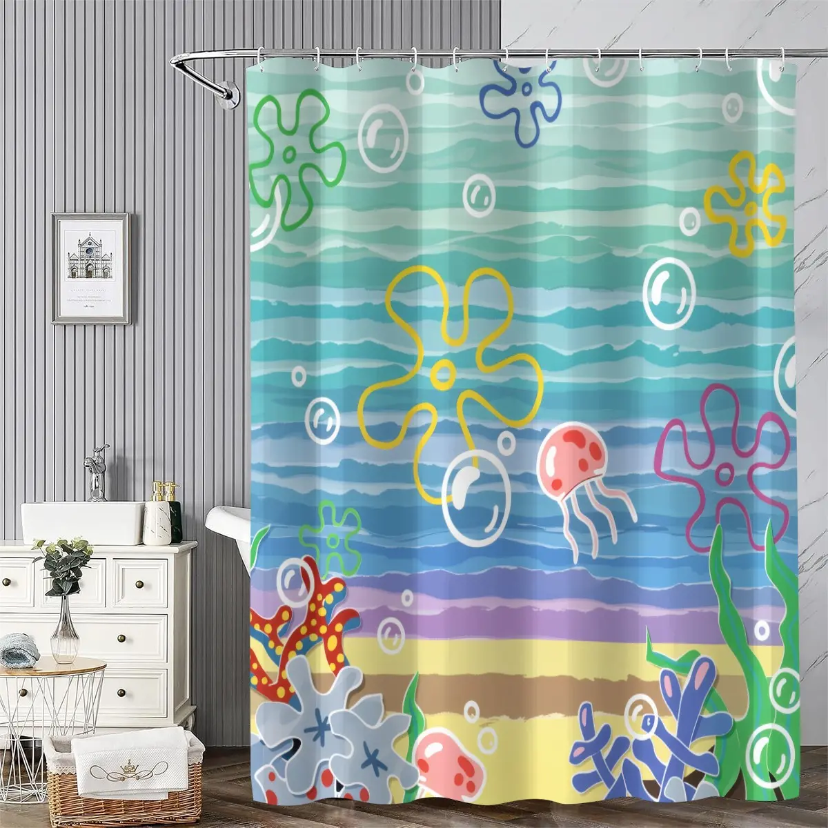 Cartoon Beach Underwater Shower Curtain, 90gsm Polyester Waterproof Mold-Resistant, Hand-Painted Colorful Waves Jellyfish Bubbles, Includes 12 Plastic Hooks