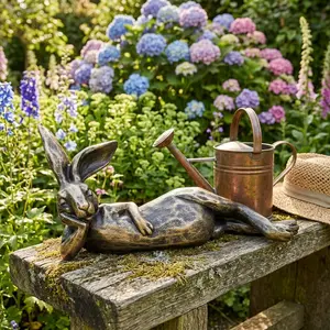 Lounging Rabbit Garden Statue, 12.6" Faux Bronze Reclining Hare Sculpture, Rustic Animal Figurine for Outdoor Patio Yard Lawn Vintage Home Decor, Funny Animal Tabletop Ornament for Sunroom Entryway, Easter Housewarming Gift Idea, Resin Statue